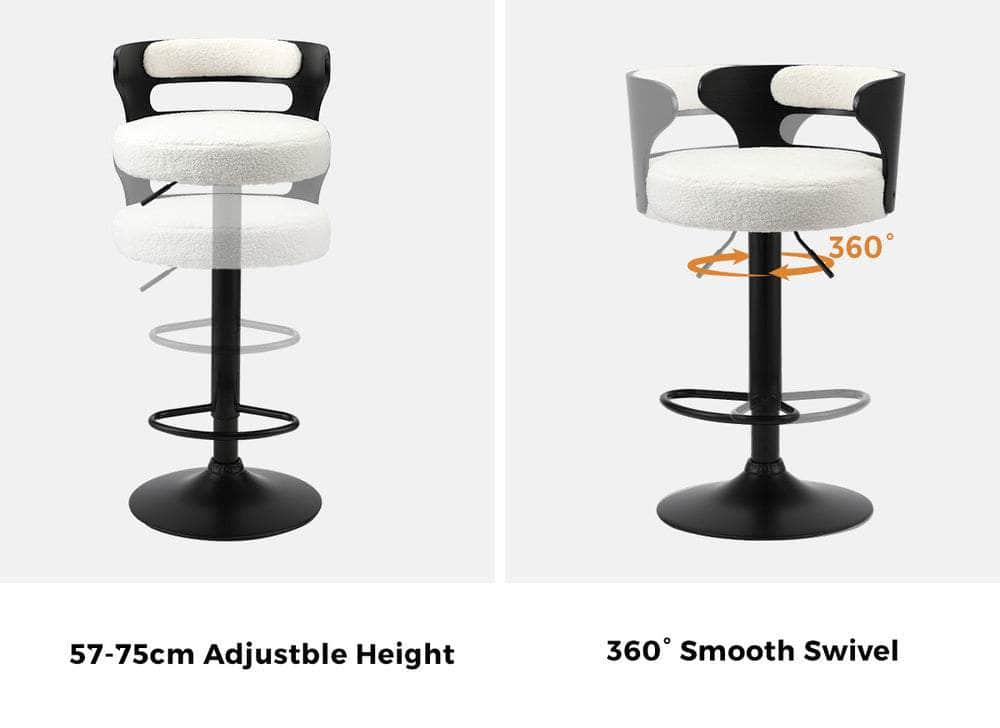 2x Bar Stools Gas Lift Swivel Chairs Wooden Boucle White | Bar Stool