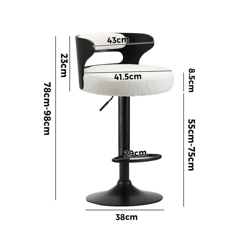 2x Bar Stools Gas Lift Swivel Chairs Wooden Boucle White, White colour