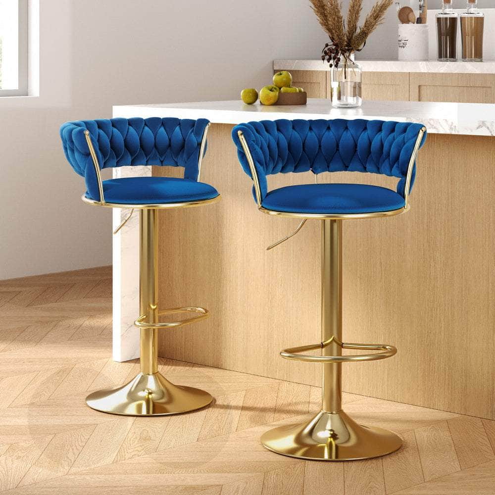 2x Bar Stools Gas Lift Velvet Woven Backrest Navy