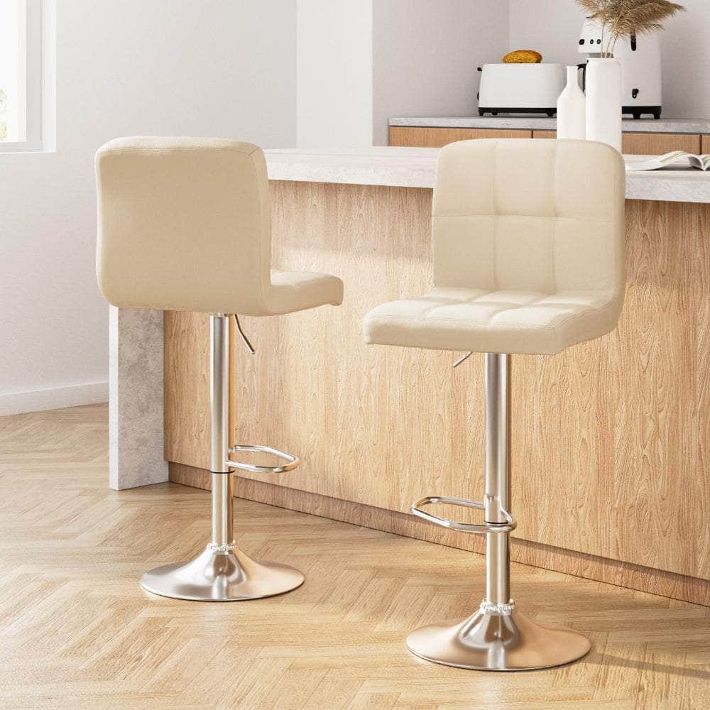 2x Bar Stools Leather Gas Lift Beige