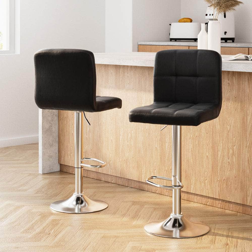 2x Bar Stools Leather Gas Lift Black