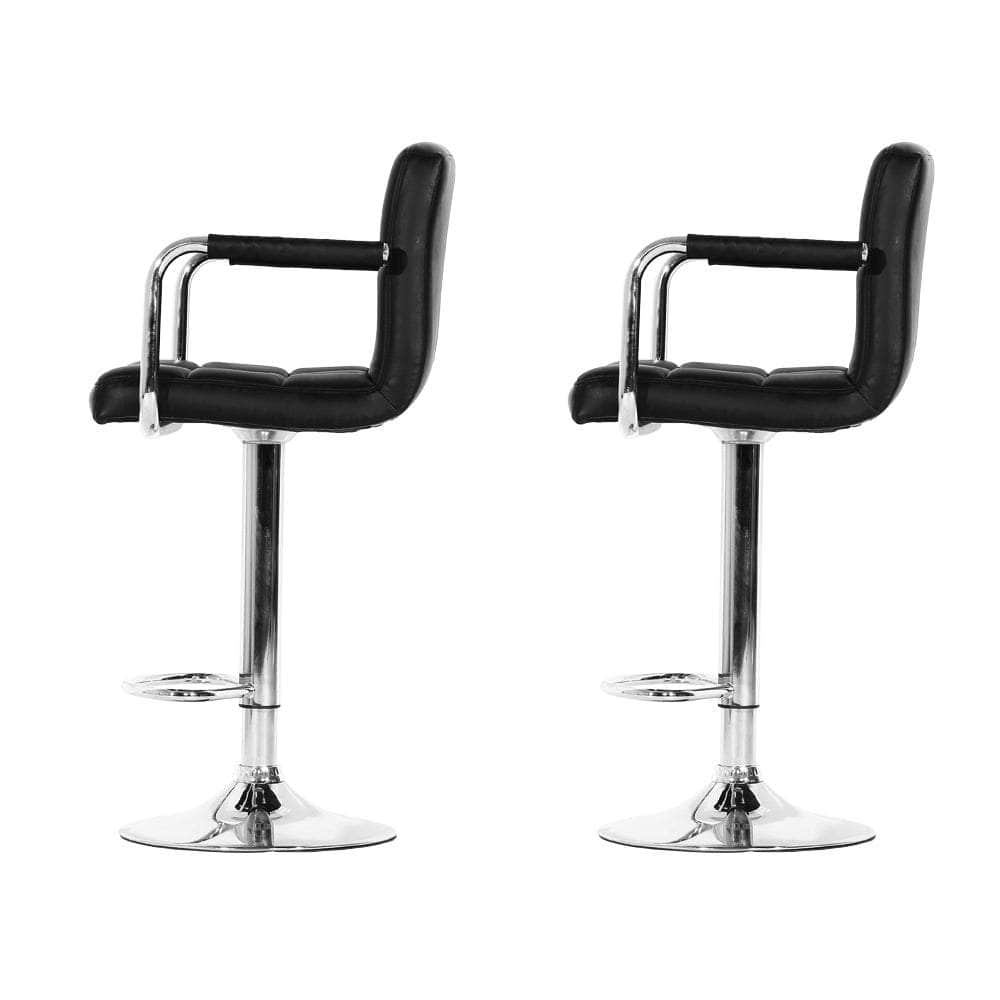 2x Bar Stools Leather Gas Lift w/Armrest Black
