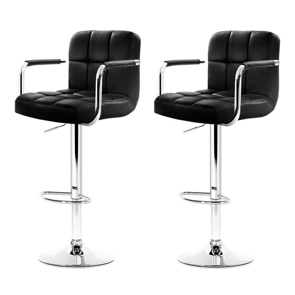 2x Bar Stools Leather Gas Lift w/Armrest Black