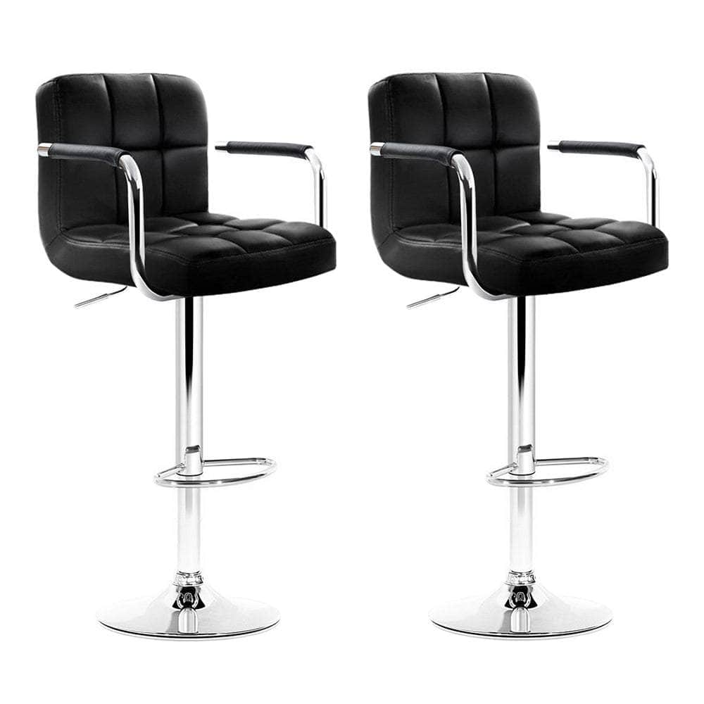 2x Bar Stools Leather Gas Lift w/Armrest Black