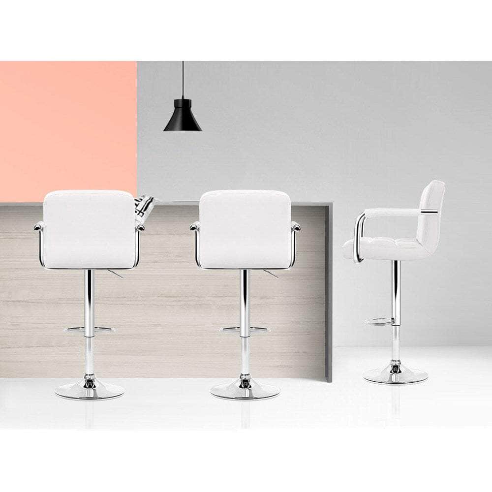 2x Bar Stools Leather Gas Lift w/Armrest White