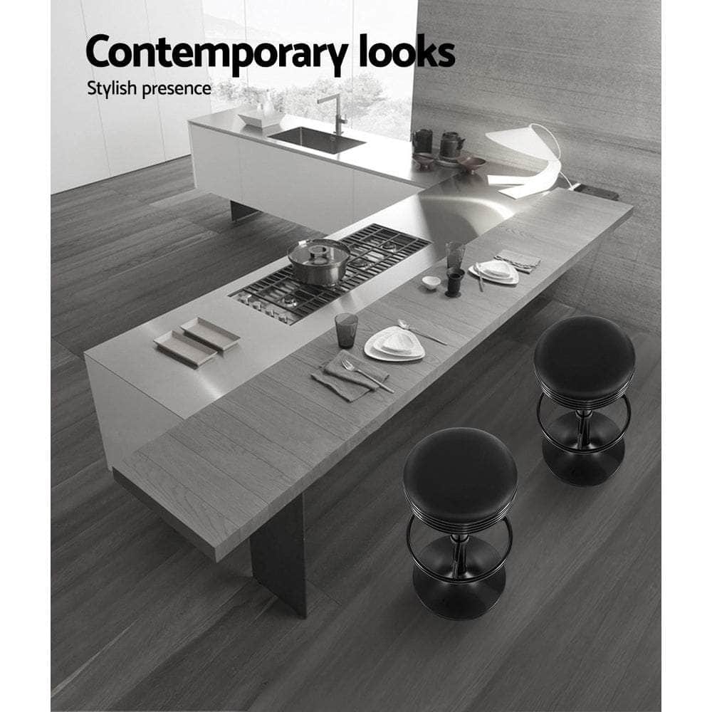 2x Bar Stools Leather Padded Gas Lift Black