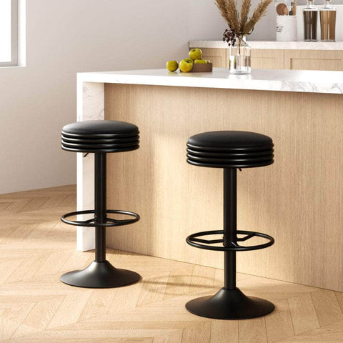 2x Bar Stools Leather Padded Gas Lift Black