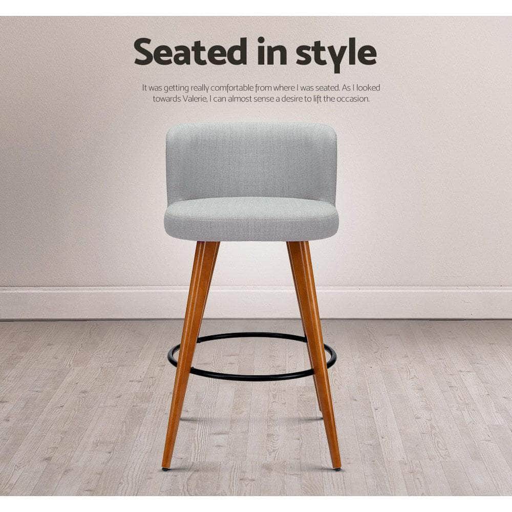 2x Bar Stools Linen Padded Wooden Grey