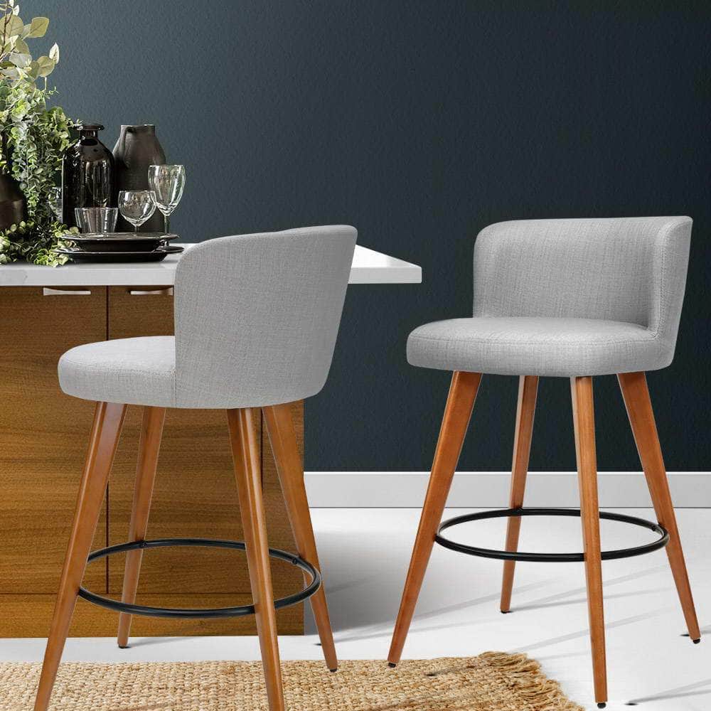 2x Bar Stools Linen Padded Wooden Grey