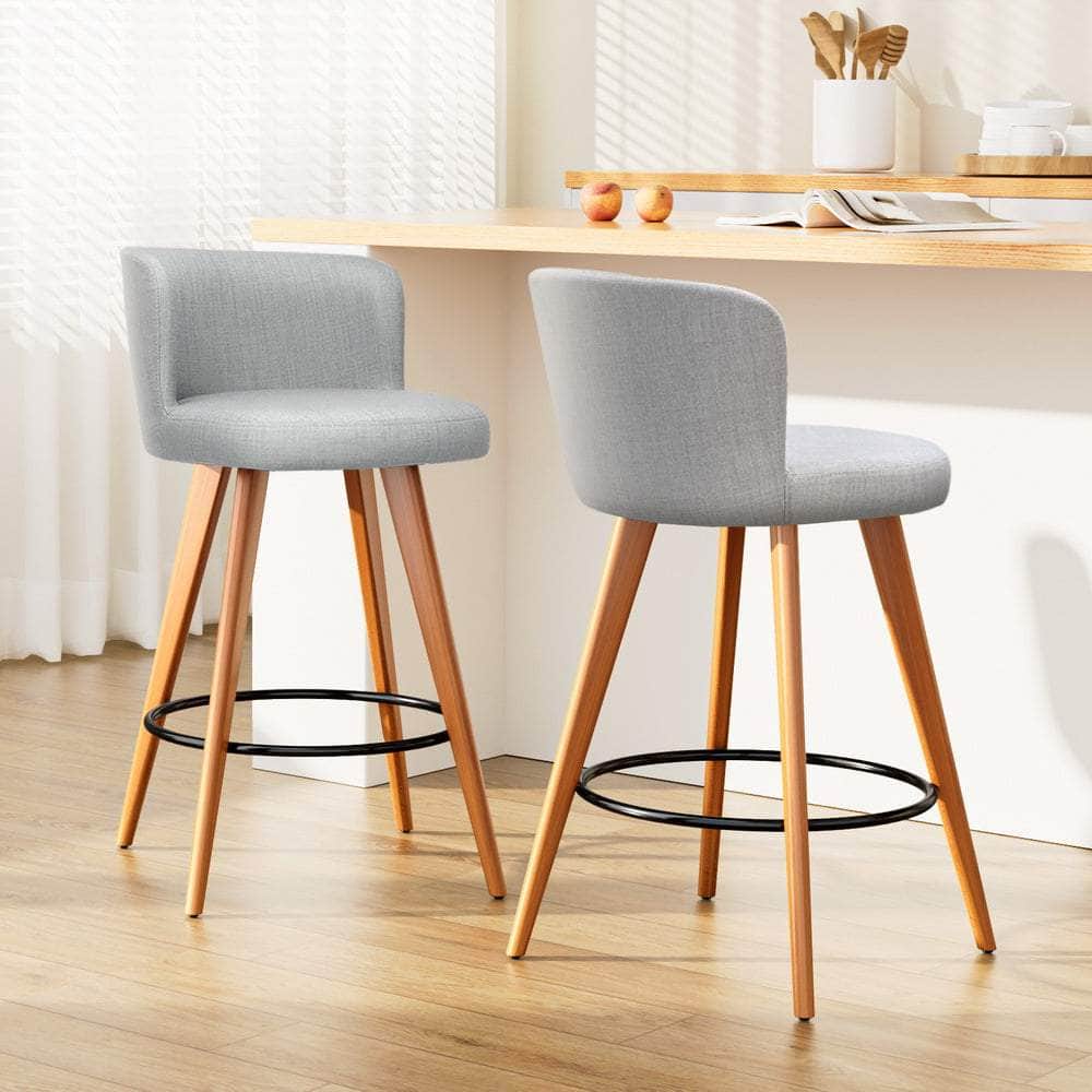 2x Bar Stools Linen Padded Wooden Grey
