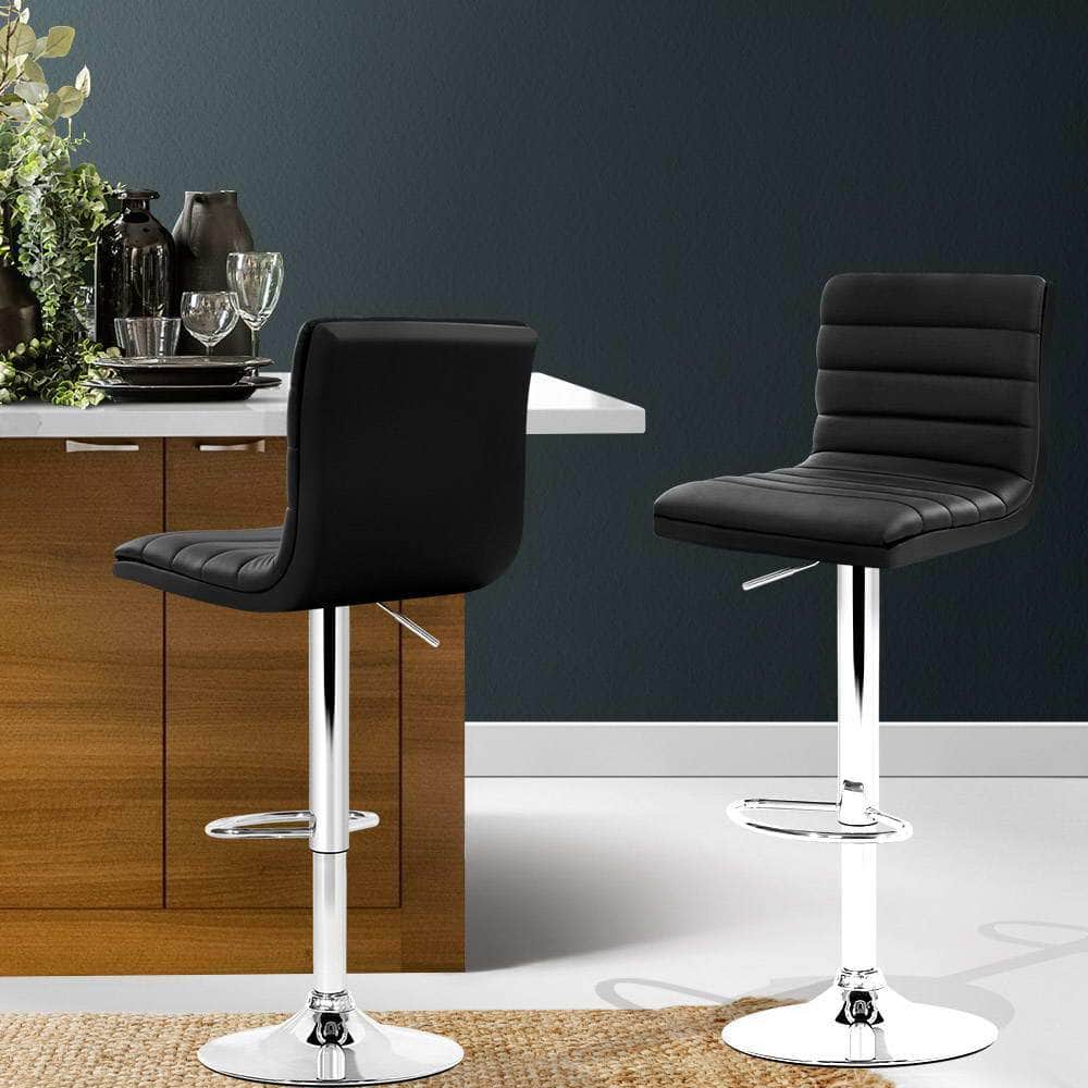 2x Bar Stools Padded Leather Gas Lift Black