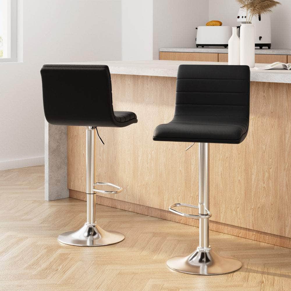 2x Bar Stools Padded Leather Gas Lift Black