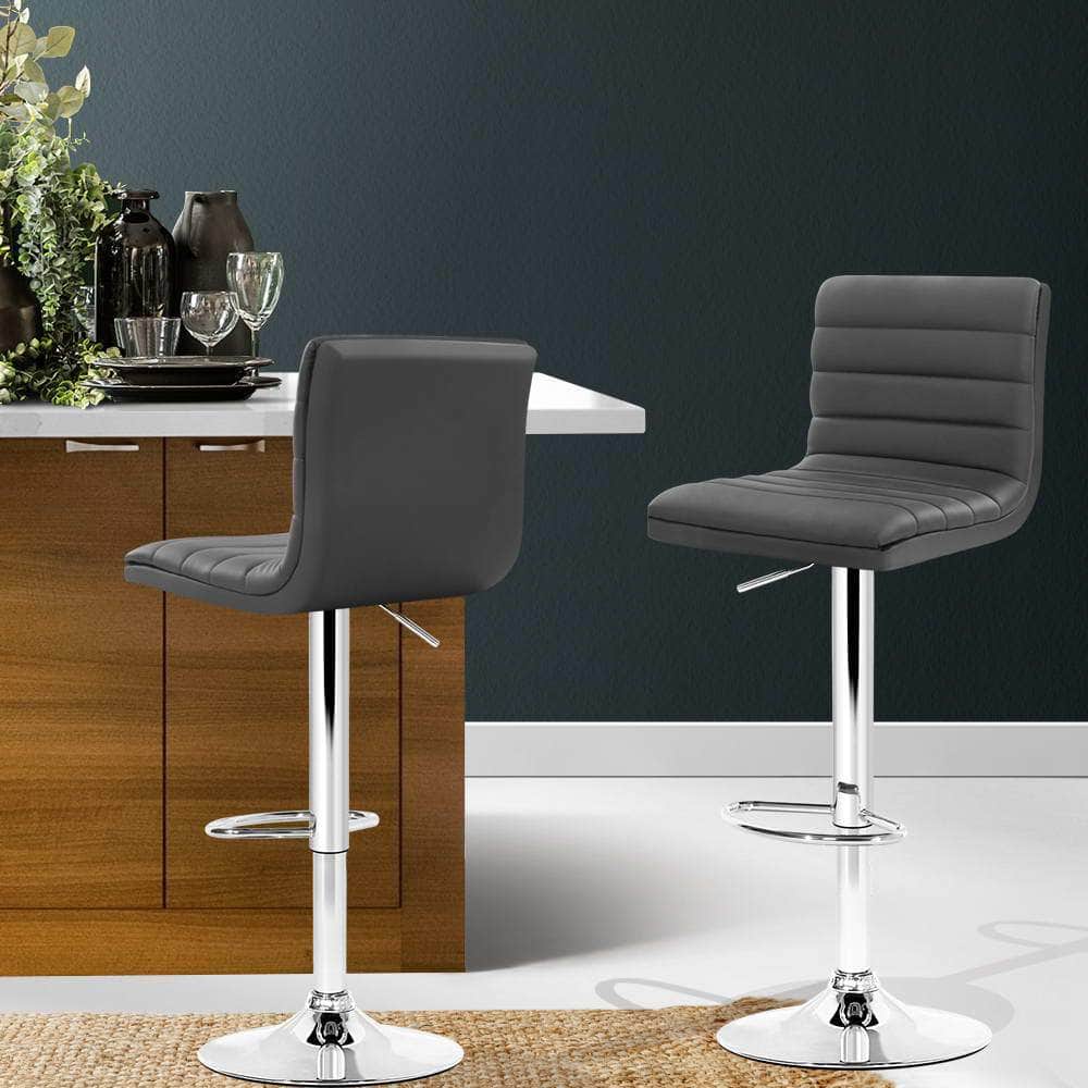 2x Bar Stools Padded Leather Gas Lift Grey