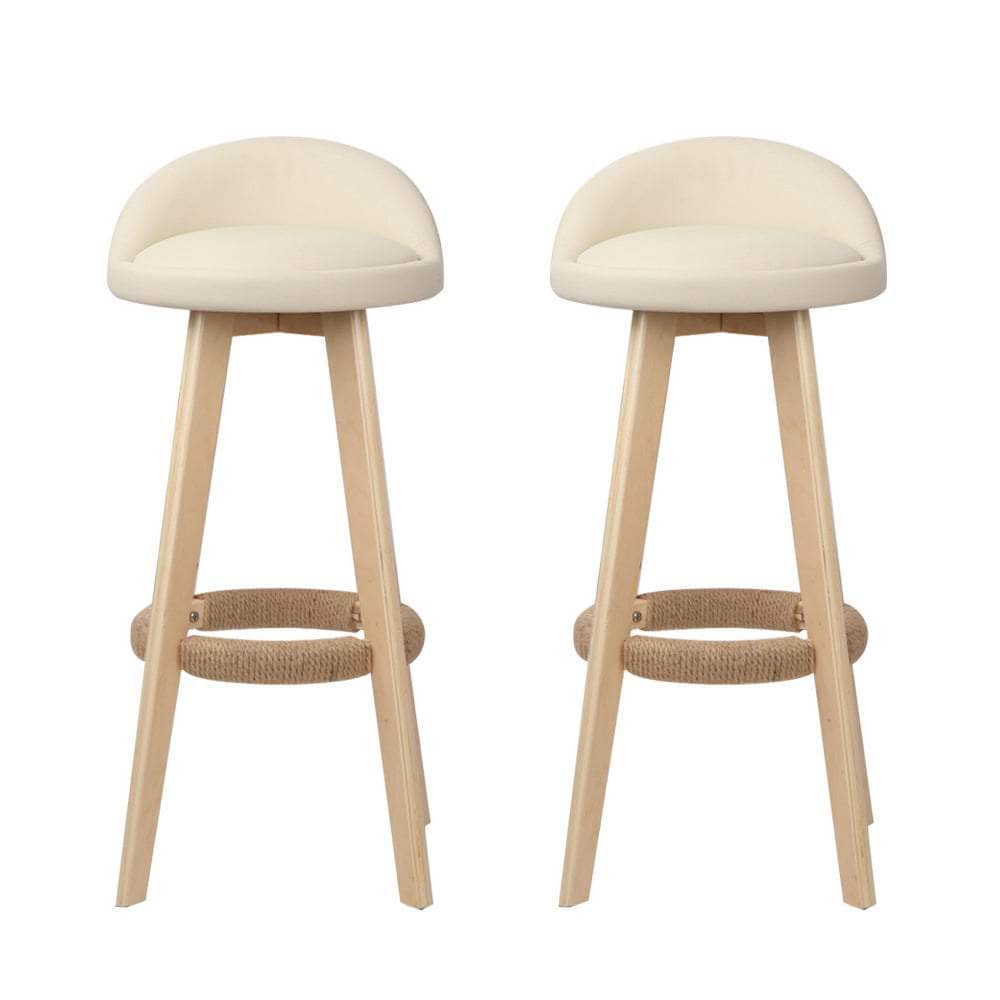 2x Bar Stools Padded Leather Wooden Beige