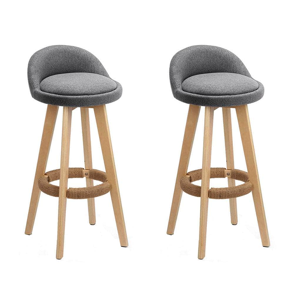 2x Bar Stools Padded Linen Wooden Grey