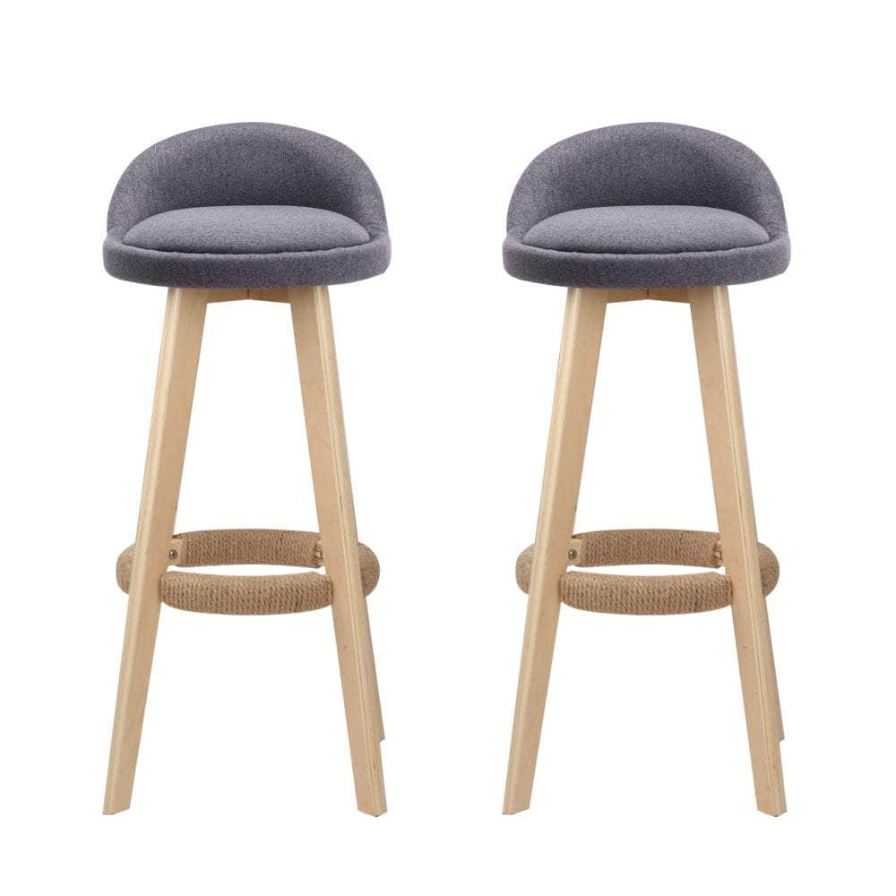 2x Bar Stools Padded Linen Wooden Grey
