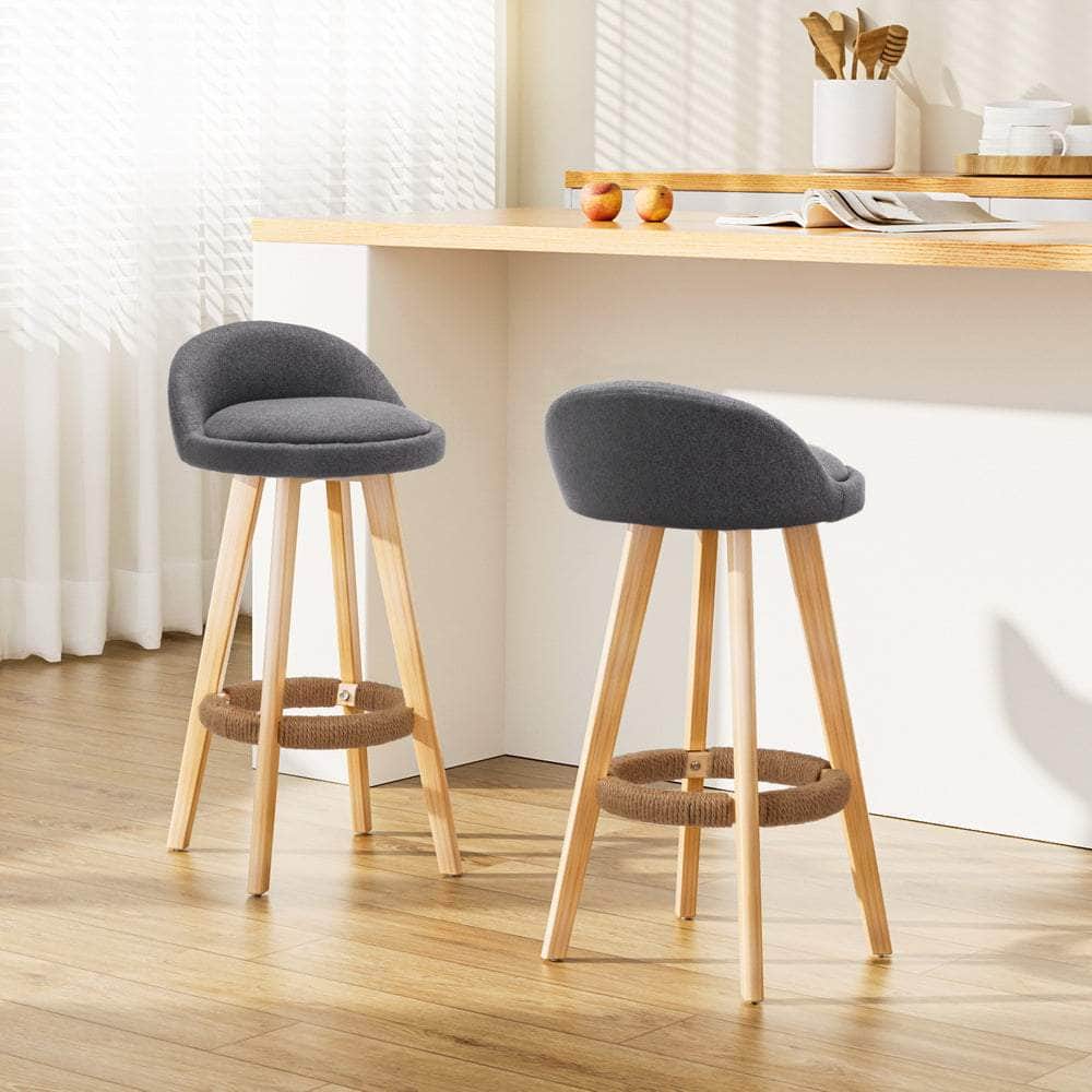 2x Bar Stools Padded Linen Wooden Grey