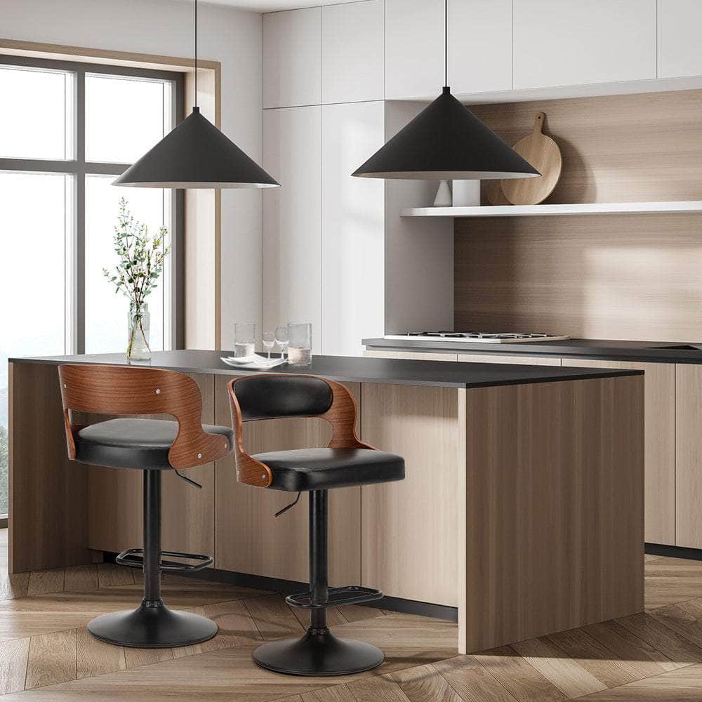 2x Bar Stools PU Leather Swivel Adjustable Kitchen Chairs Wooden Frame