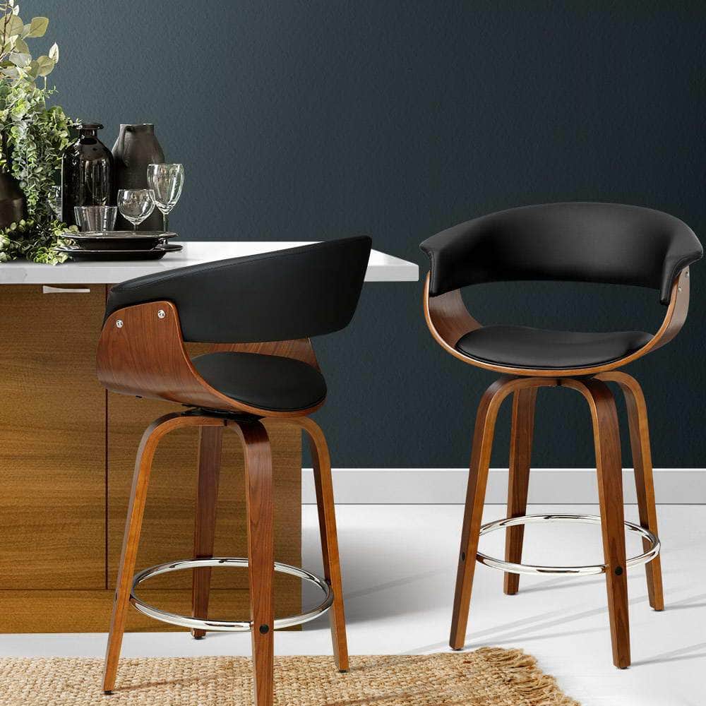 2x Bar Stools Swivel PU Seat Wooden