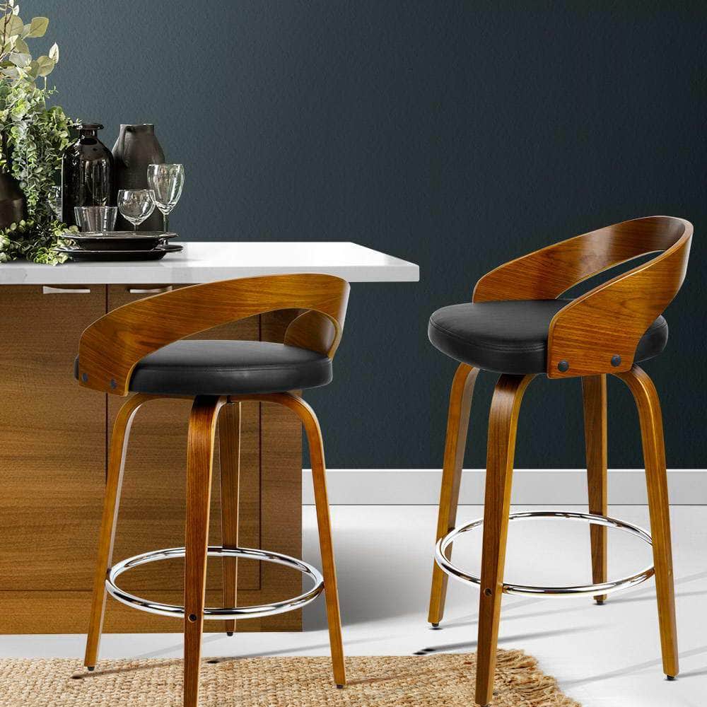 2x Bar Stools Swivel Seat Curving Backrest