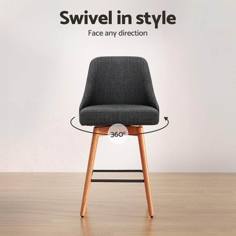2x Bar Stools Swivel Seat Wooden Charcoal