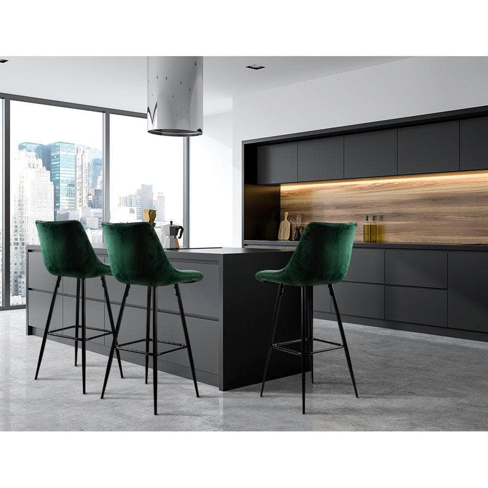 2x Bar Stools Velvet Chairs Green