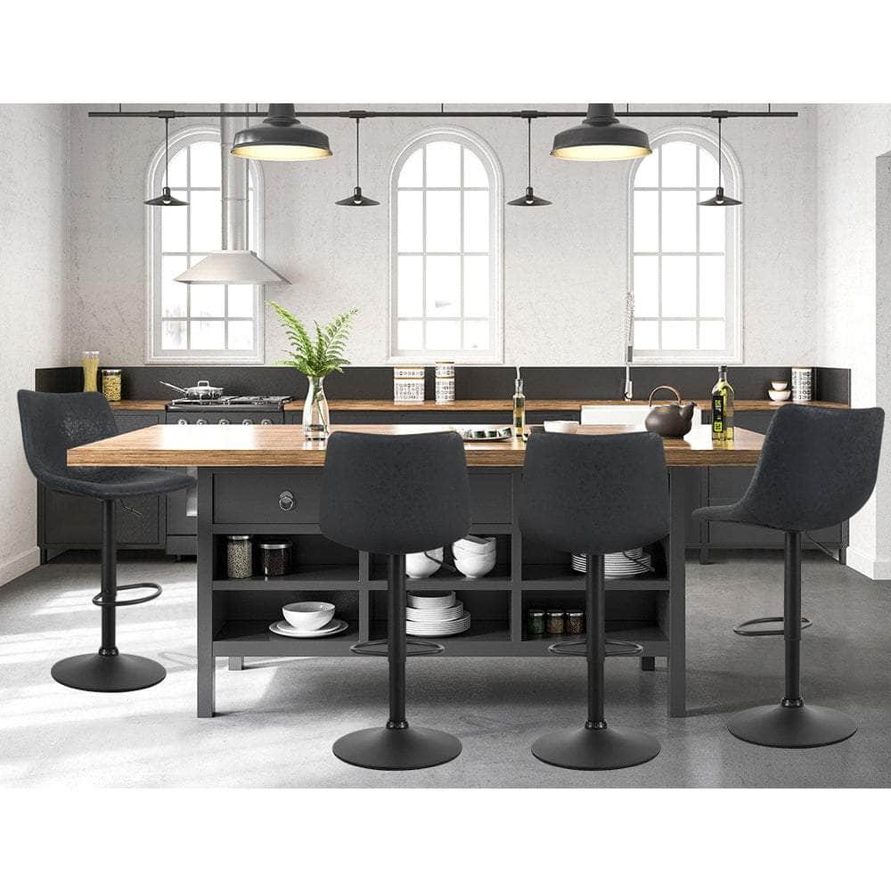 2x Bar Stools Vintage Leather Swivel Gas Lift Black