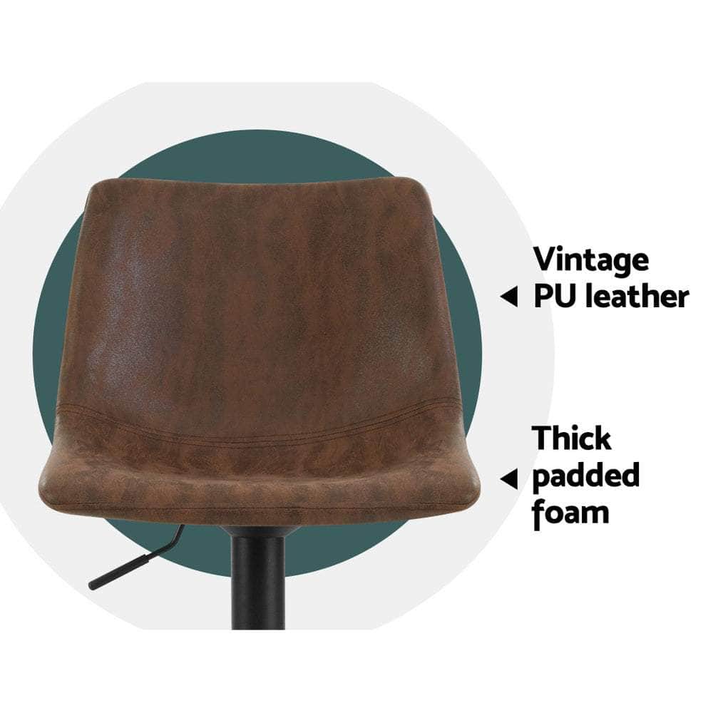 2x Bar Stools Vintage Leather Swivel Gas Lift Brown