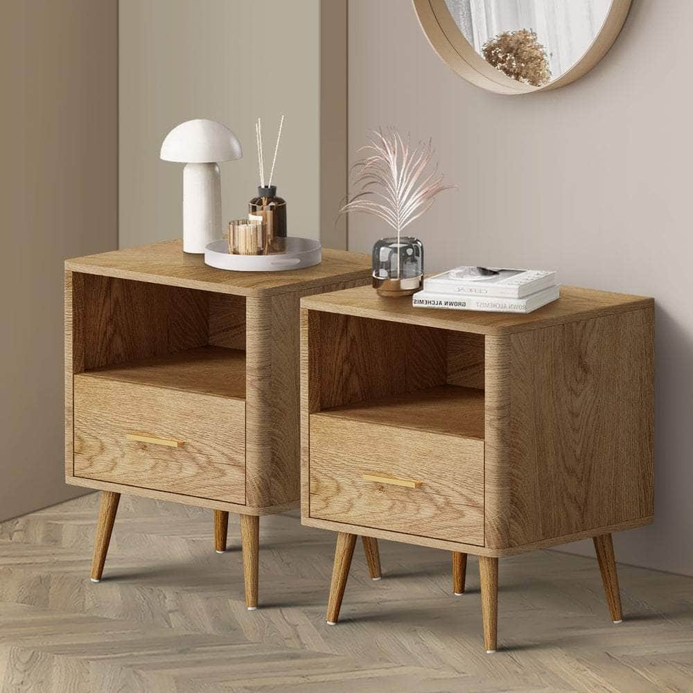 2x Bedside Table 1 Drawer Open Shelf Nightstand Green