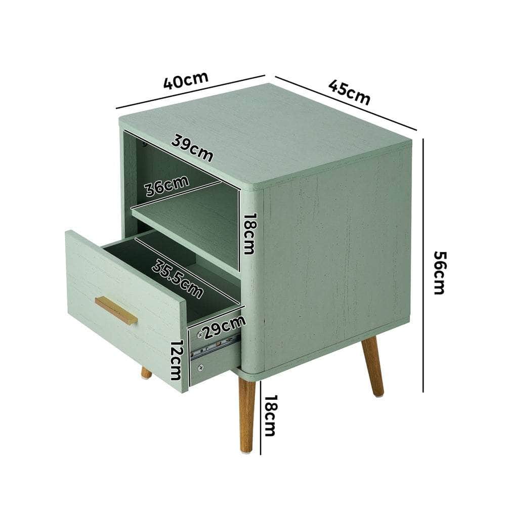 2x Bedside Table 1 Drawer Open Shelf Nightstand Green