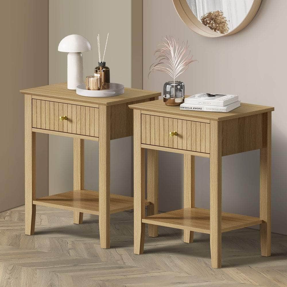 2x Bedside Table 1 Drawer Open Shelf Nightstand Natural