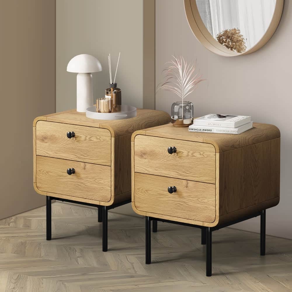 2x Bedside Table 2 Drawers Bedroom Nightstand Wood Storage Units Natural /Black