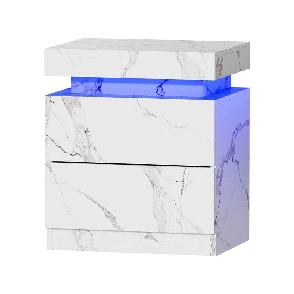2x Bedside Table 2 Drawers LED Nightstand Marble Effect