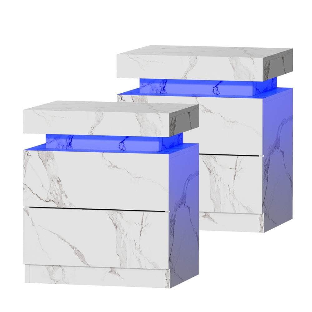 2x Bedside Table 2 Drawers LED Nightstand Marble Effect