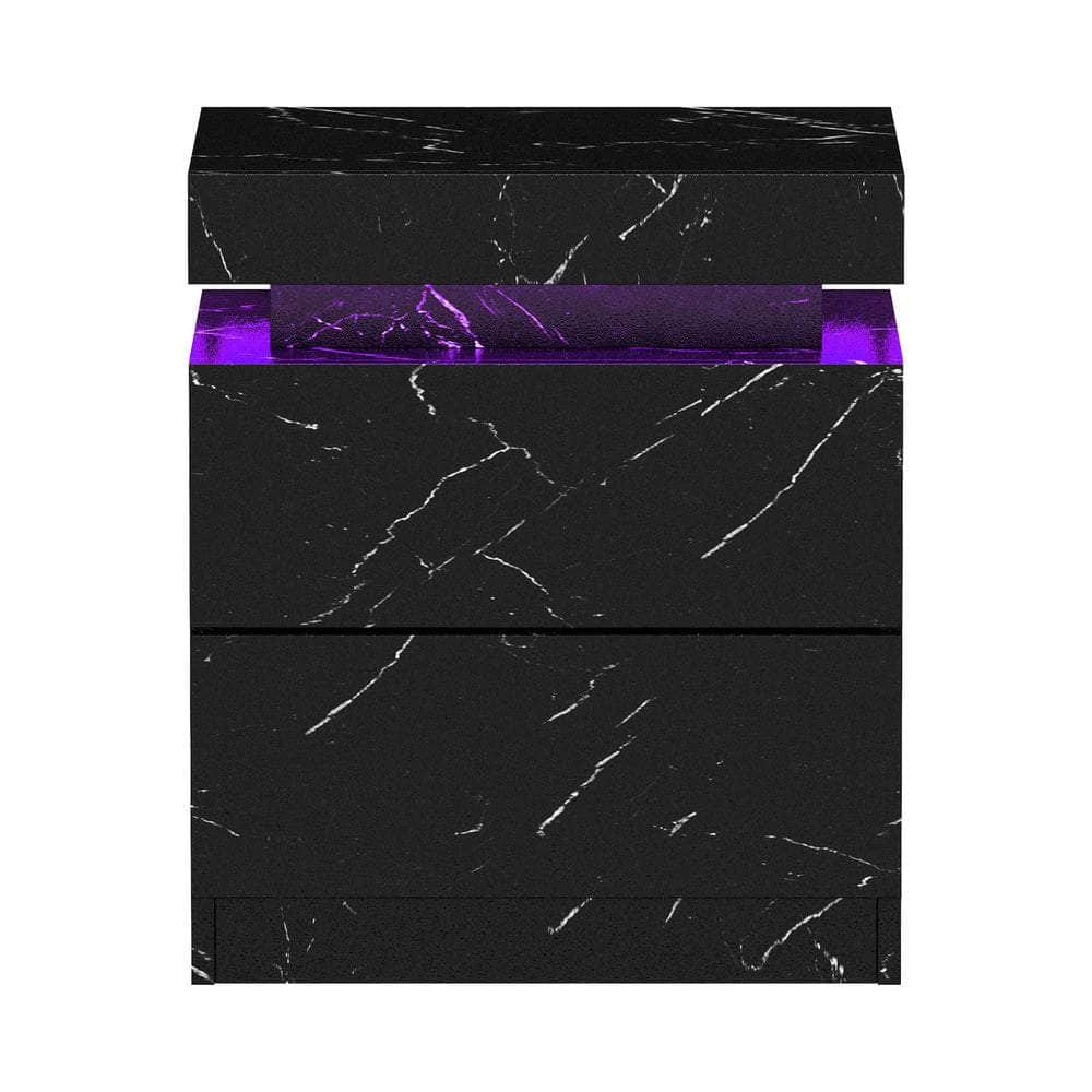 2x Bedside Table 2 Drawers LED Nightstand Marble Effect