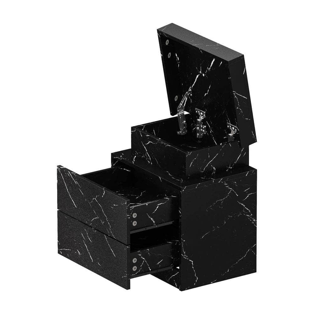 2x Bedside Table 2 Drawers LED Nightstand Marble Effect