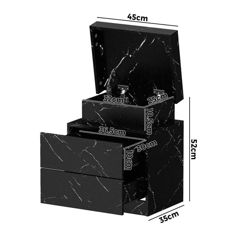2x Bedside Table 2 Drawers LED Nightstand Marble Effect
