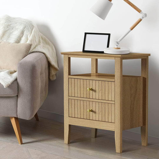 2x Bedside Table 2 Drawers Open Shelf Nightstand Natural | Bedside Table