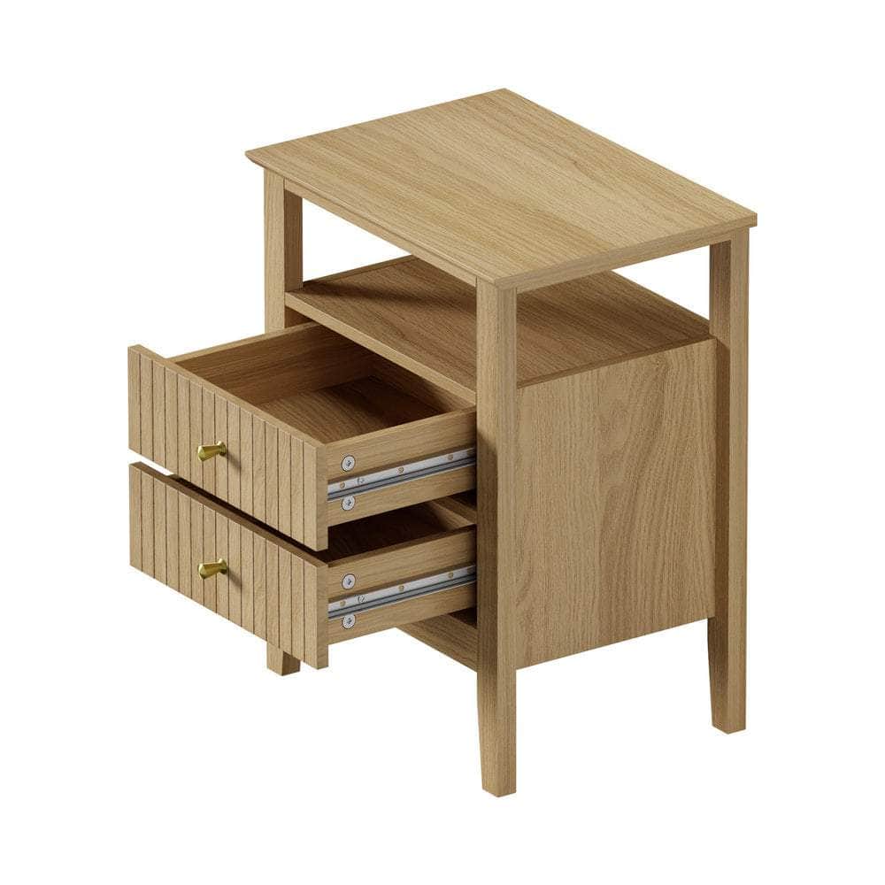 2x Bedside Table 2 Drawers Open Shelf Nightstand Natural