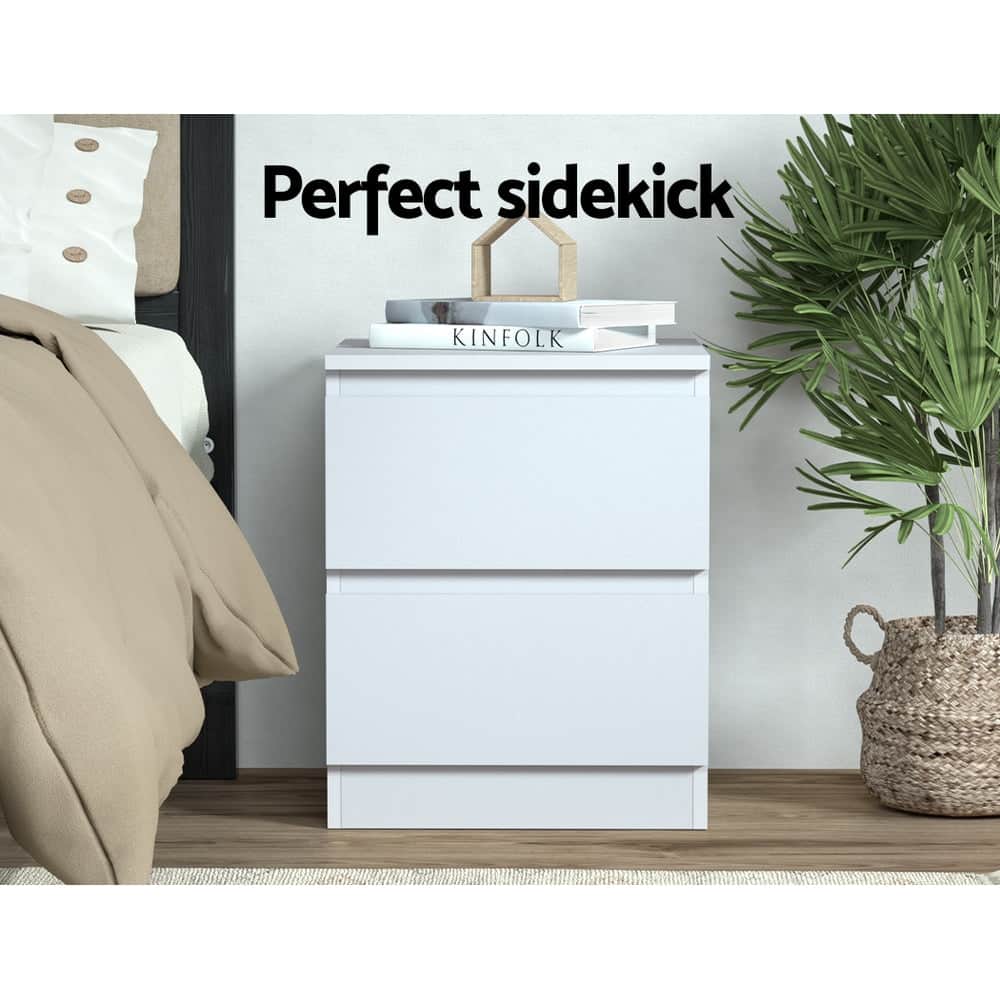 2x Bedside Table 2 Drawers - White