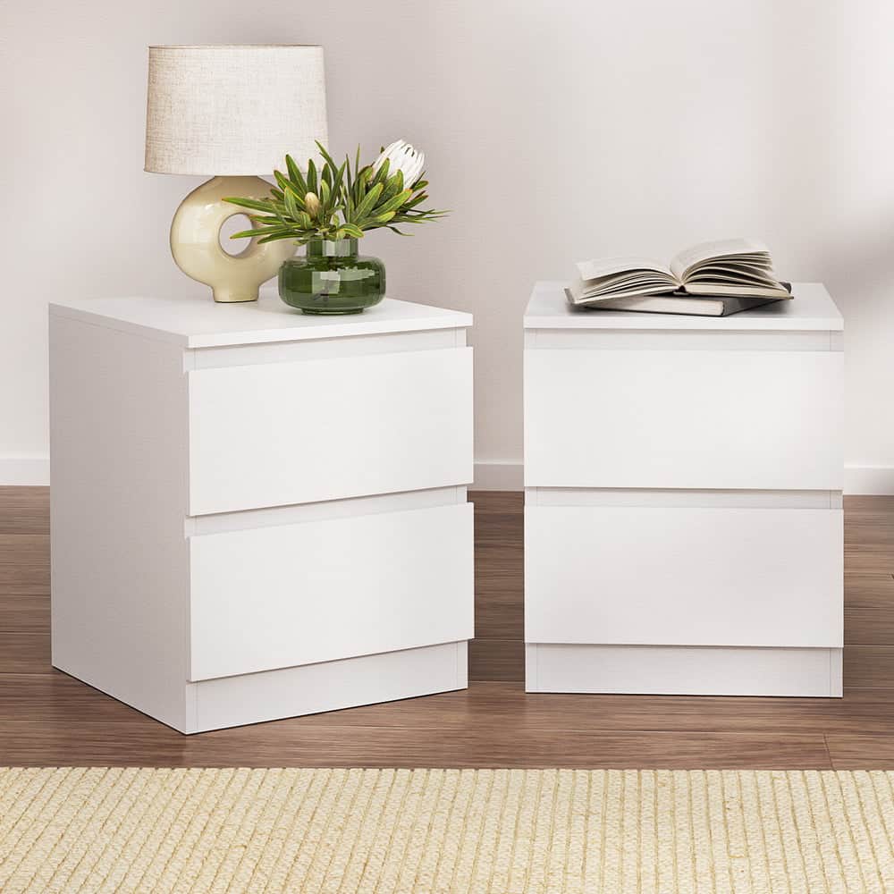 2x Bedside Table 2 Drawers - White