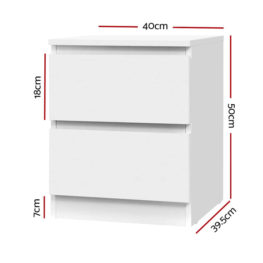 2x Bedside Table 2 Drawers - White