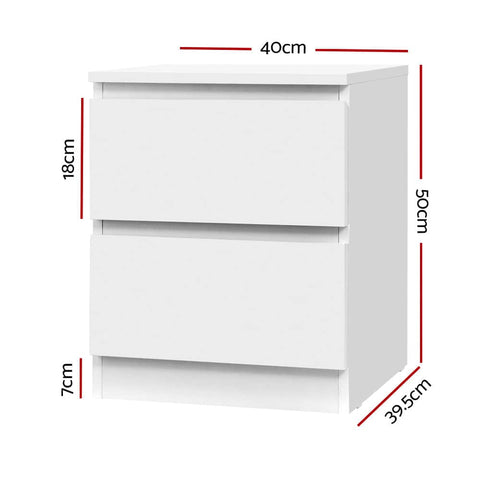 2x Bedside Table 2 Drawers - White