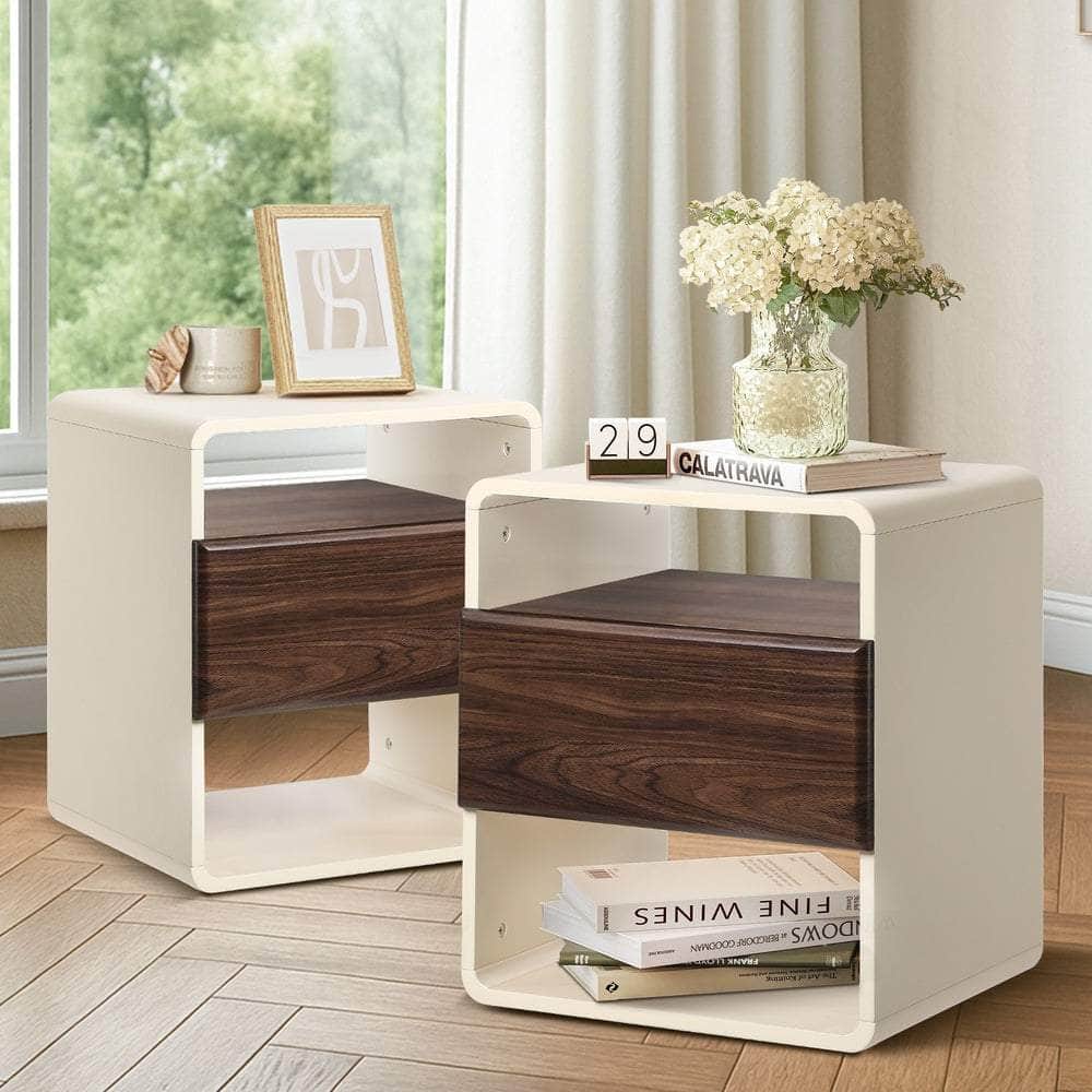 2x Bedside Tables with Drawer & Open Shelves Retro-Modern Bedroom Furniture