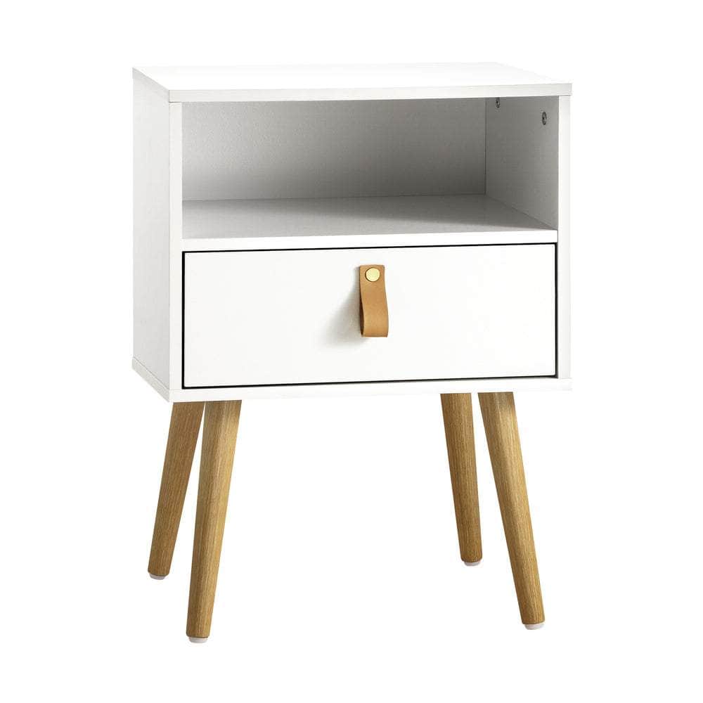 2X Bedside Tables with Leather Handle White