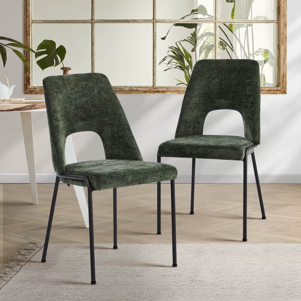 2x Dining Chairs Chenille Fabric Upholstered Kitchen Side Chairs Beige Green & Grey