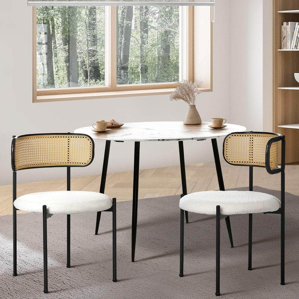 2x Dining Chairs Round Boucle Fabric Rattan Backrest Black & White Set