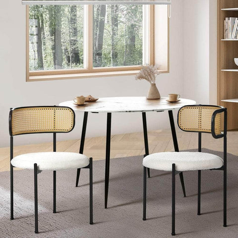 2x Dining Chairs Round Boucle Fabric Rattan Backrest Black & White Set