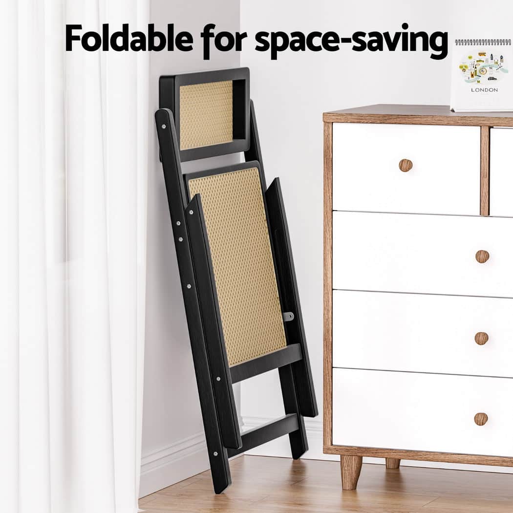 2x Foldable Dining Chairs Black Wooden Rattan Modern Home Furniture