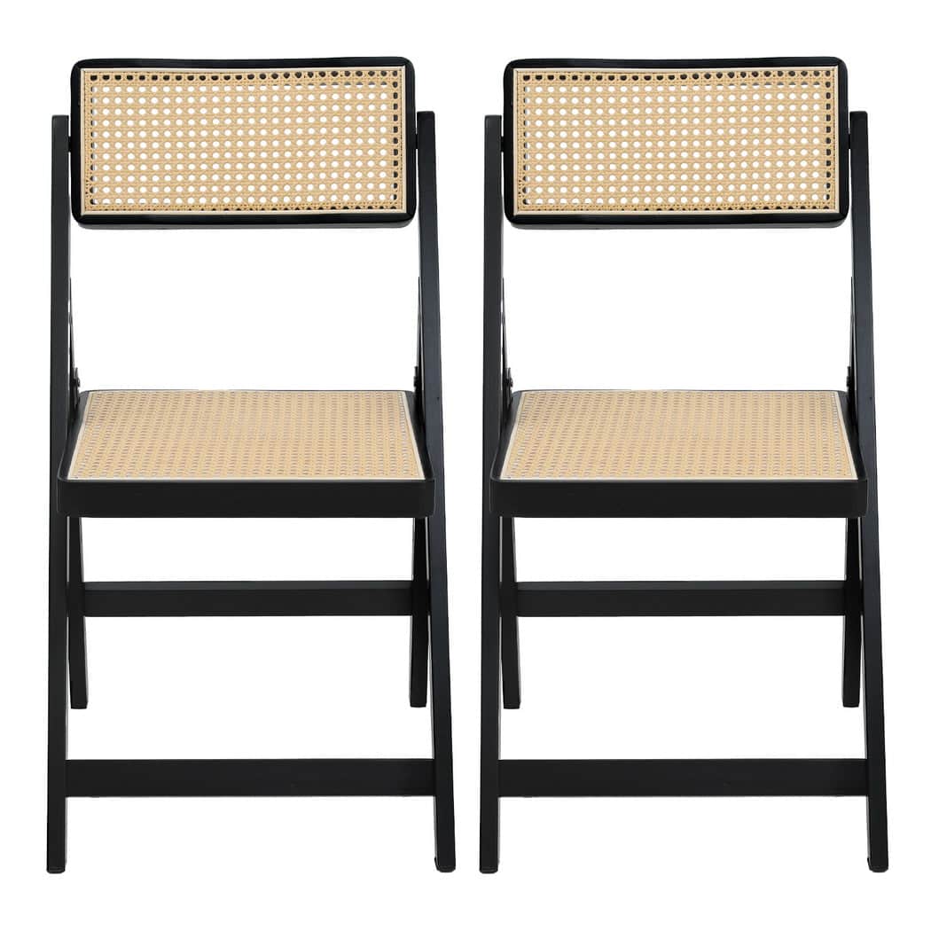 2x Foldable Dining Chairs Black Wooden Rattan Modern Home Furniture
